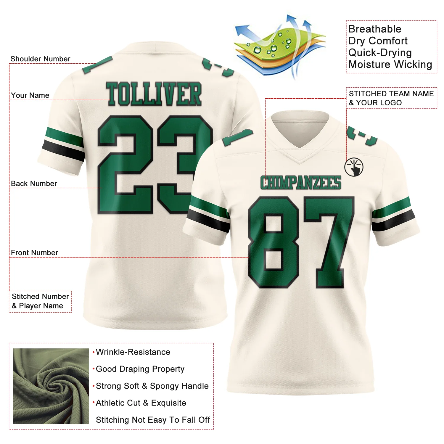 Custom Cream Kelly Green-Black Authentic Football Jersey - Image 3