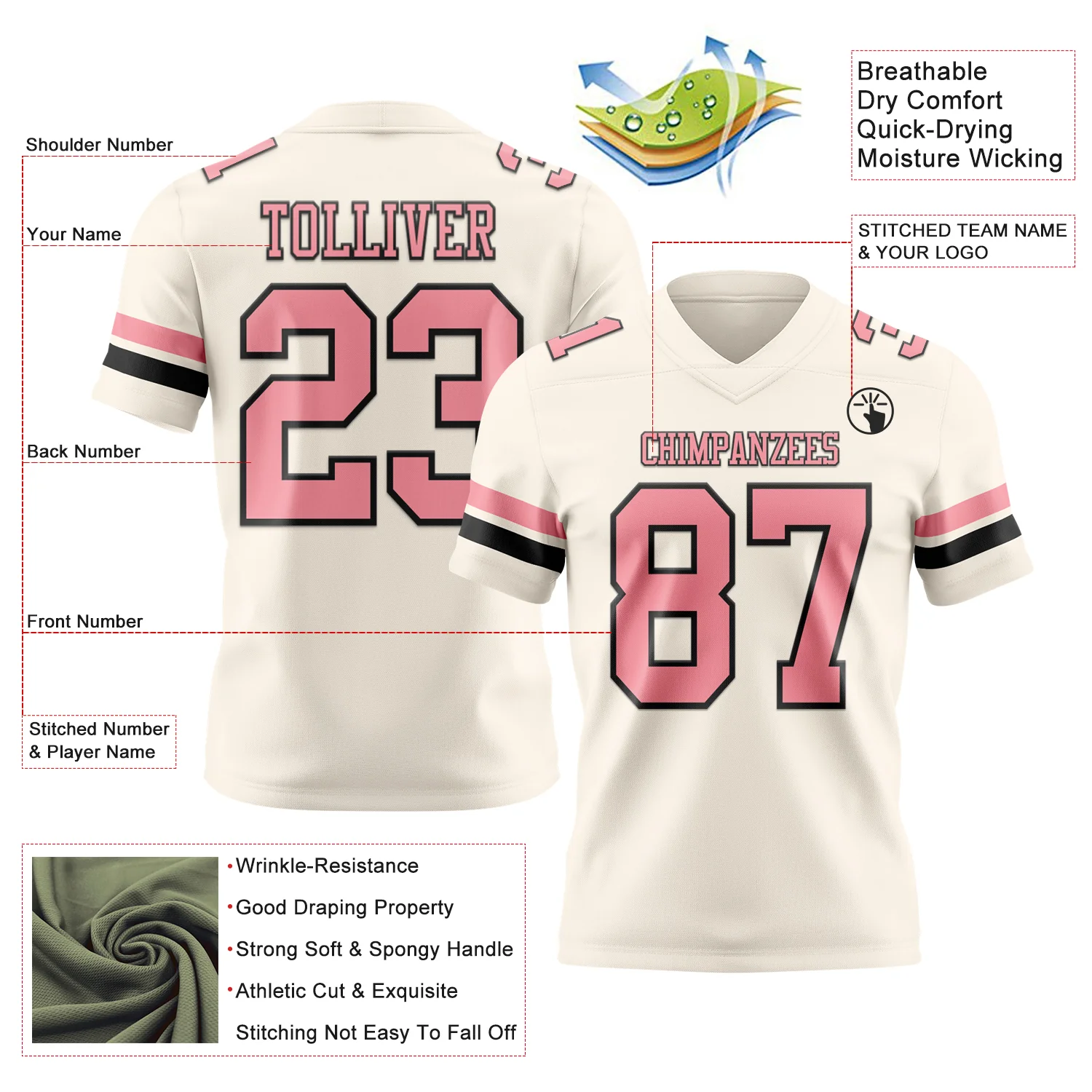 Custom Cream Medium Pink-Black Authentic Football Jersey - Image 3