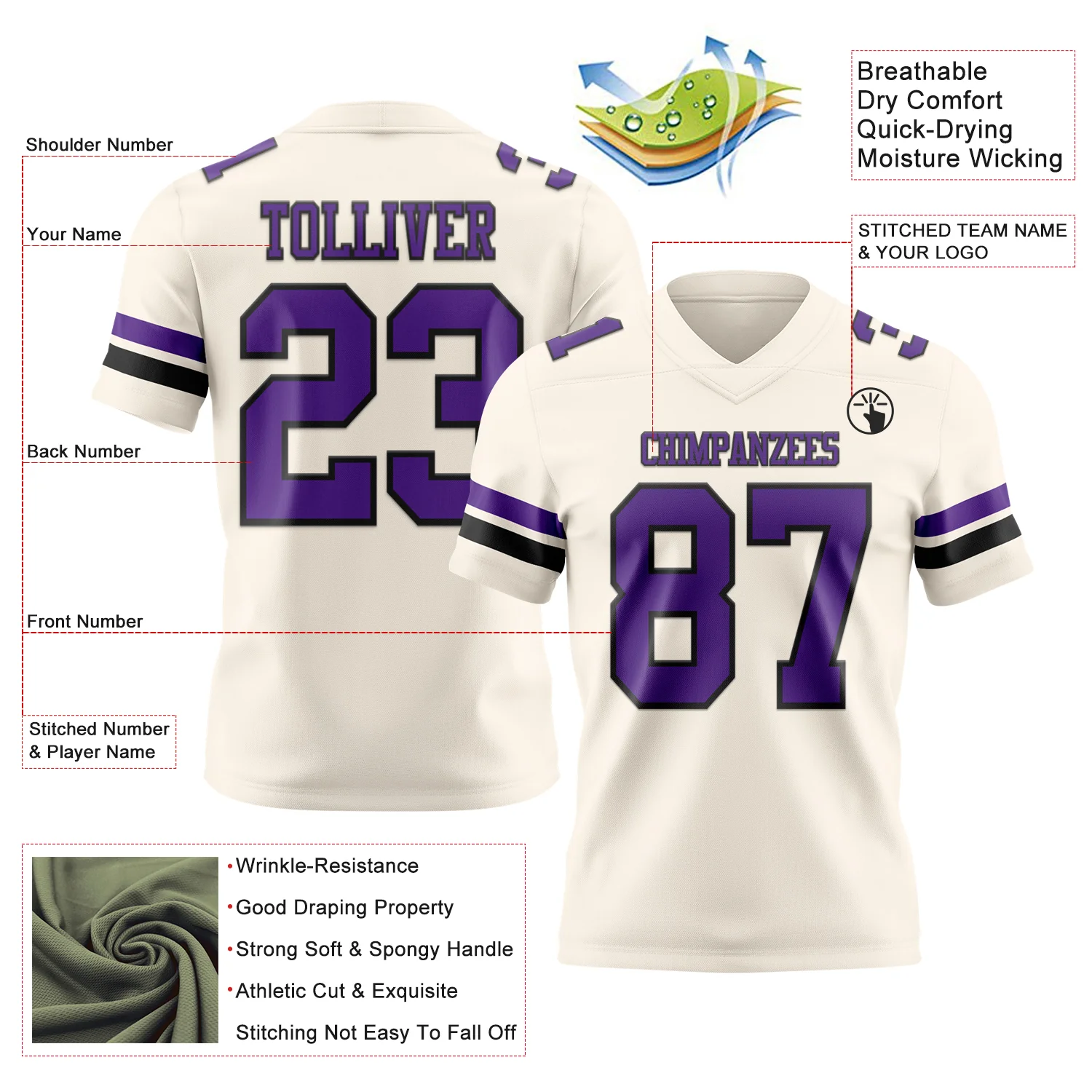Custom Cream Purple-Black Authentic Football Jersey - Image 3