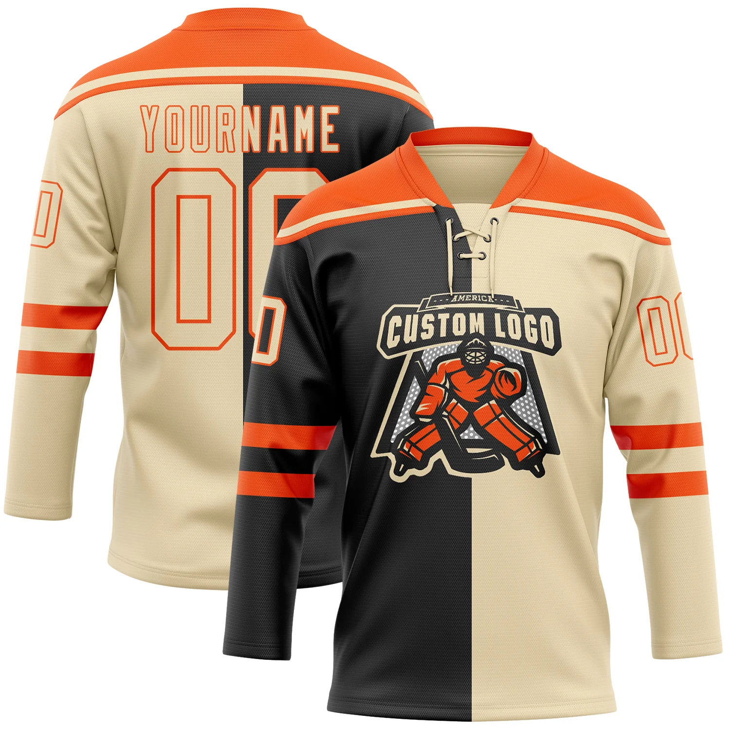 Custom Cream Black-Orange Split Fashion Hockey Lace Neck Jersey - Image 2