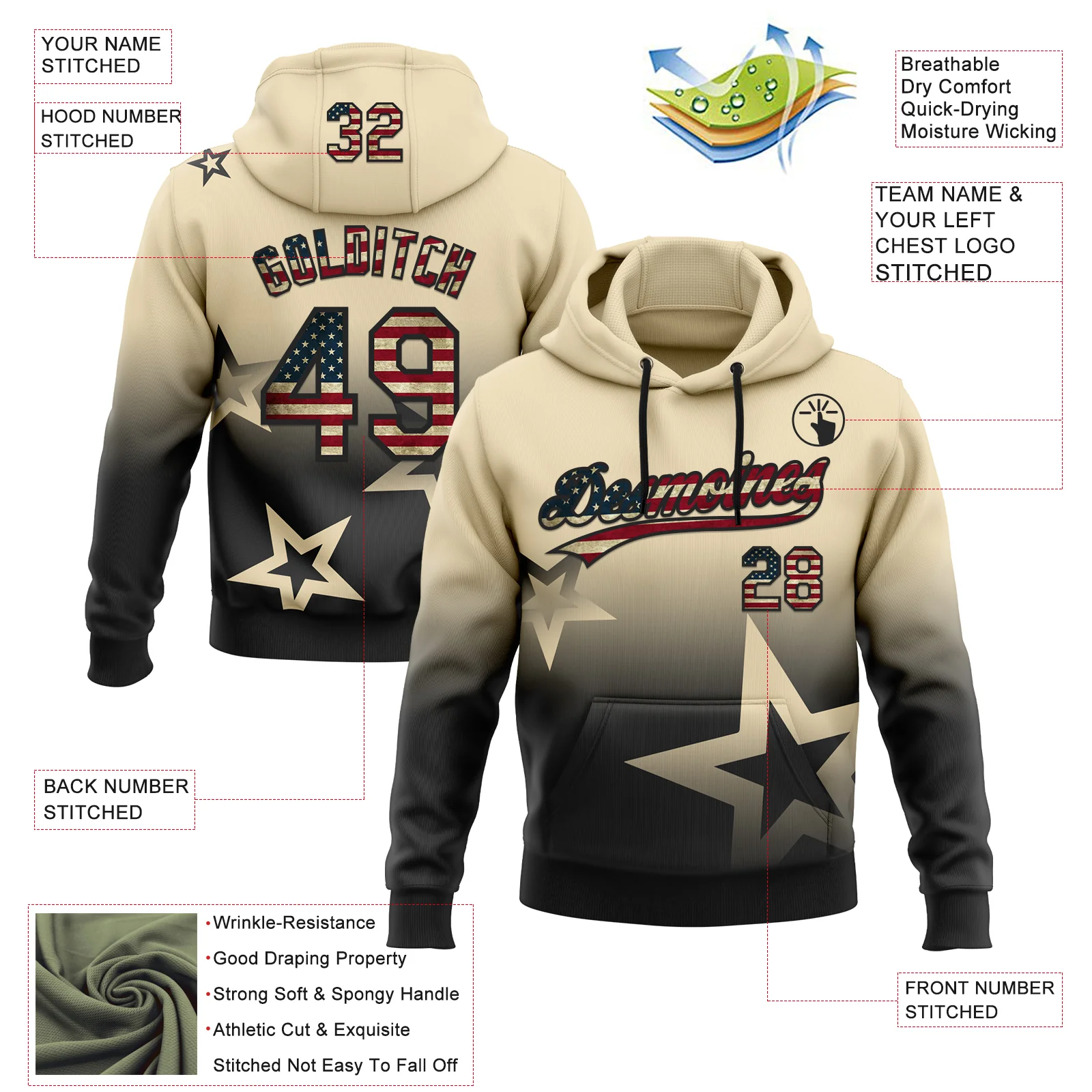Custom Stitched Cream Vintage USA Flag-Black Gradient Style Twinkle Star Sports Pullover Sweatshirt Hoodie - Image 4