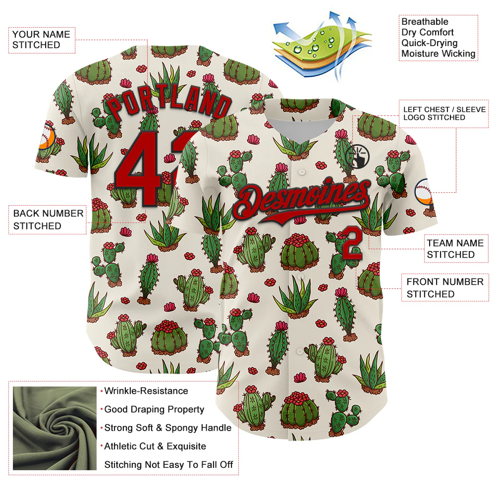 Custom Cream Red-Black 3D Mexican Cactus Authentic Baseball Jersey - Image 3
