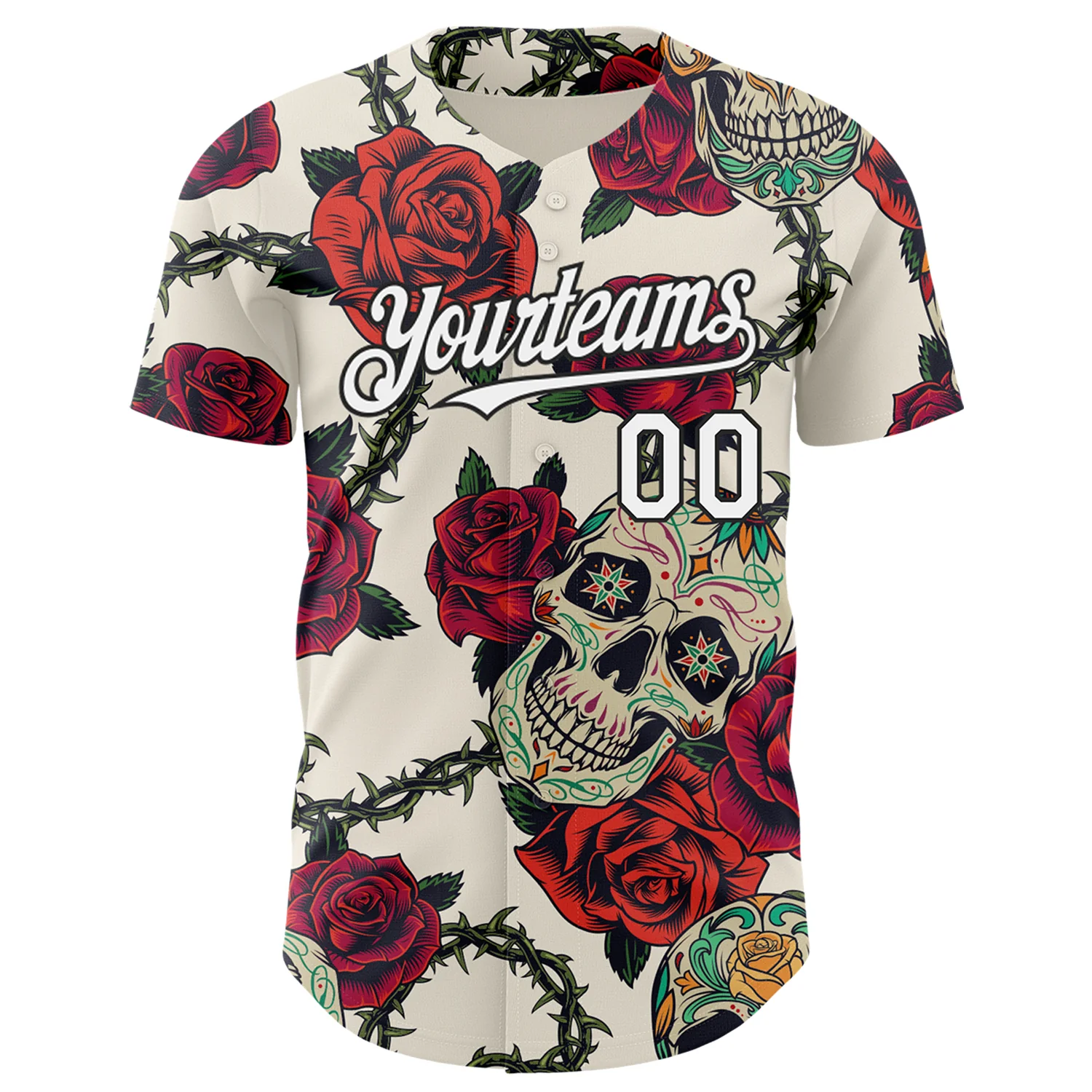 Custom Cream White-Black 3D Mexican Skull And Flower Authentic Baseball Jersey - Image 2