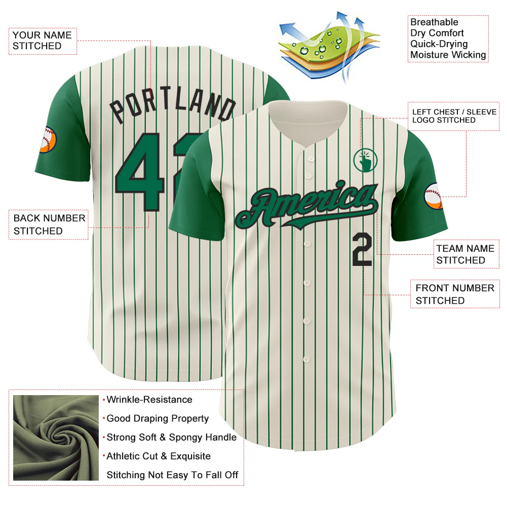 Custom Cream Kelly Green Pinstripe Black Authentic Two Tone Baseball Jersey - Image 3
