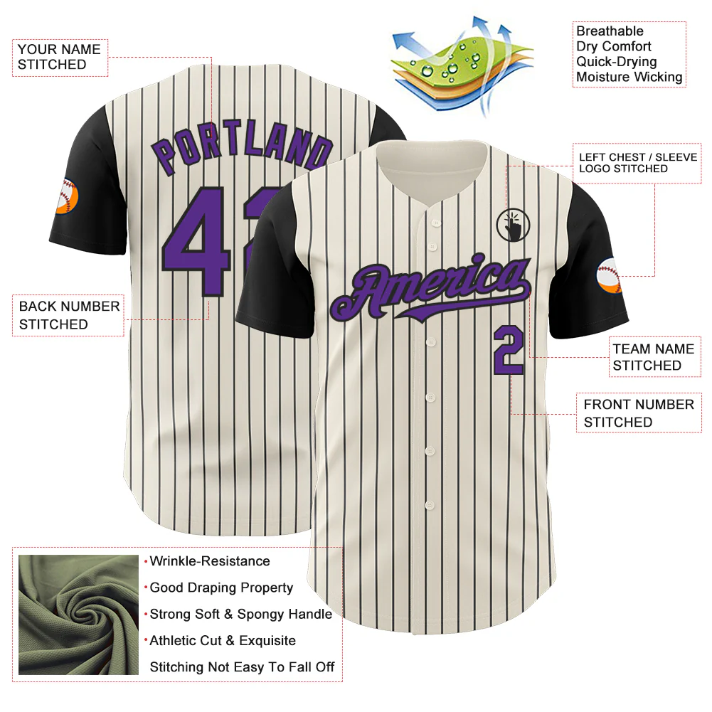 Custom Cream Black Pinstripe Purple Authentic Two Tone Baseball Jersey - Image 3