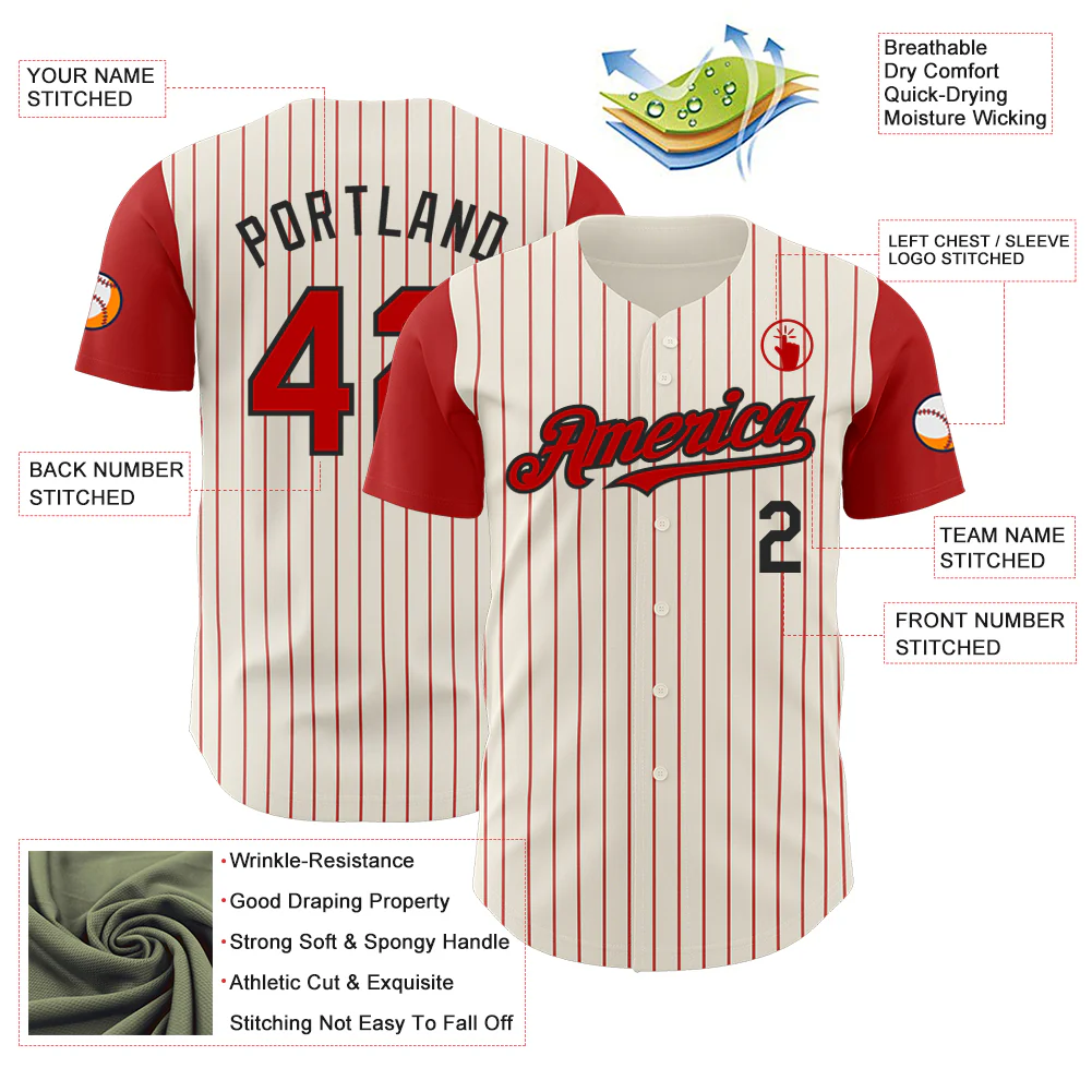 Custom Cream Red Pinstripe Black Authentic Two Tone Baseball Jersey - Image 3