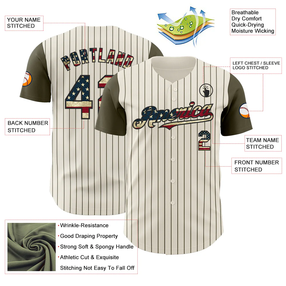 Custom Cream Olive Pinstripe Vintage USA Flag-Black Authentic Two Tone Baseball Jersey - Image 3