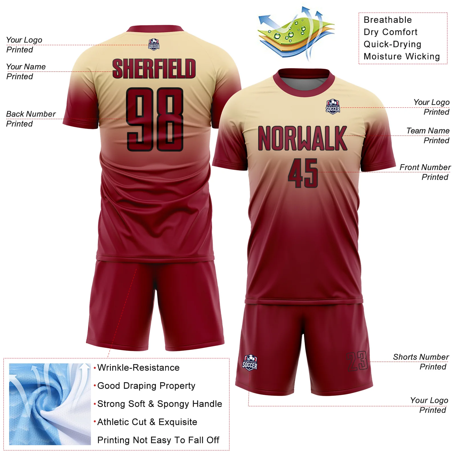 Custom Cream Crimson-Black Fade Fashion Sublimation Soccer Uniform Jersey - Image 4