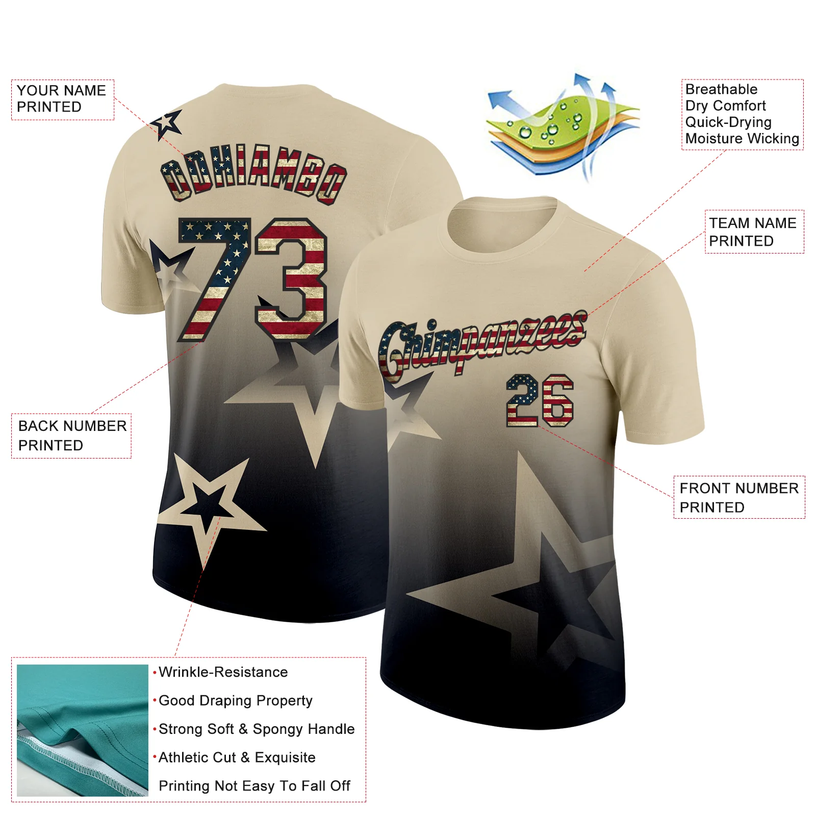 Custom Cream Vintage USA Flag-Black 3D Pattern Design Gradient Style Twinkle Star Performance T-Shirt - Image 2