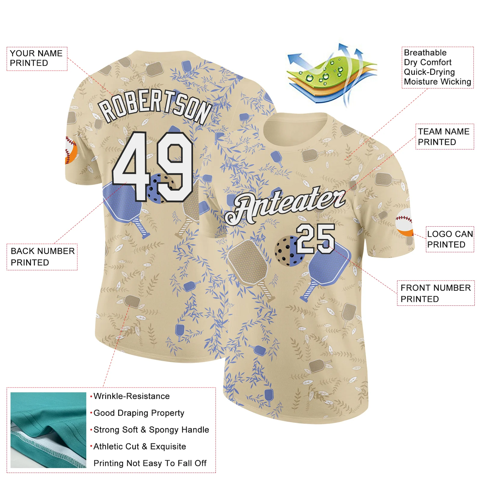 Custom Cream White-Black 3D Pickleball Paddles Balls Floral Performance T-Shirt - Image 2