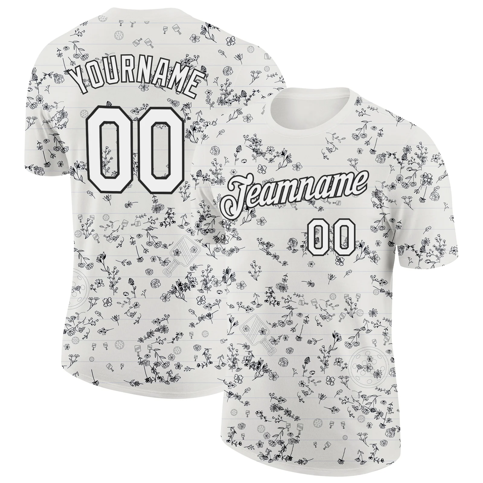 Custom Cream White-Black 3D Pickleball Paddles Balls Floral Performance T-Shirt