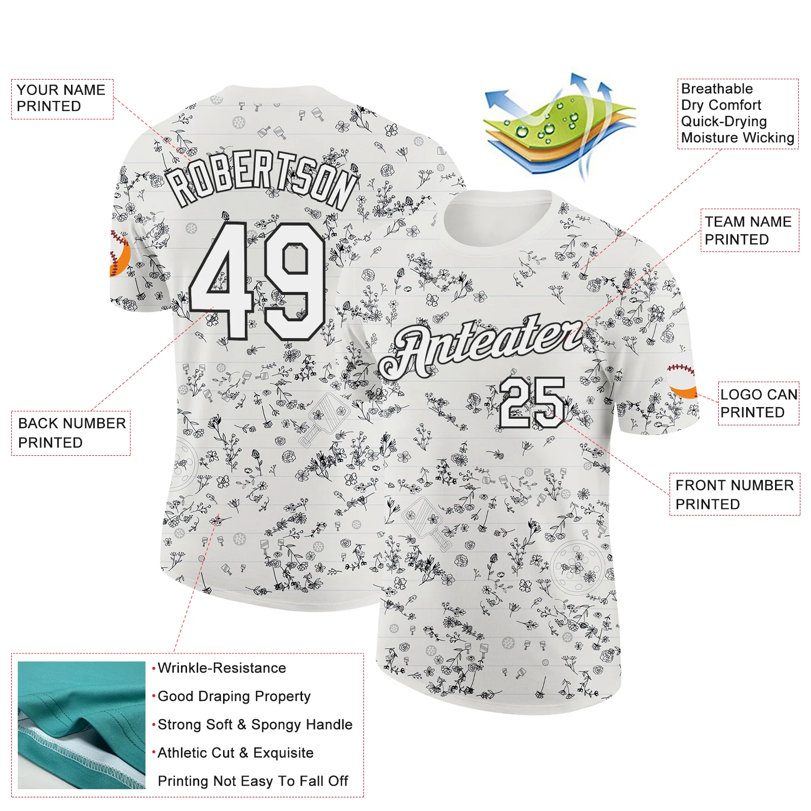 Custom Cream White-Black 3D Pickleball Paddles Balls Floral Performance T-Shirt - Image 2