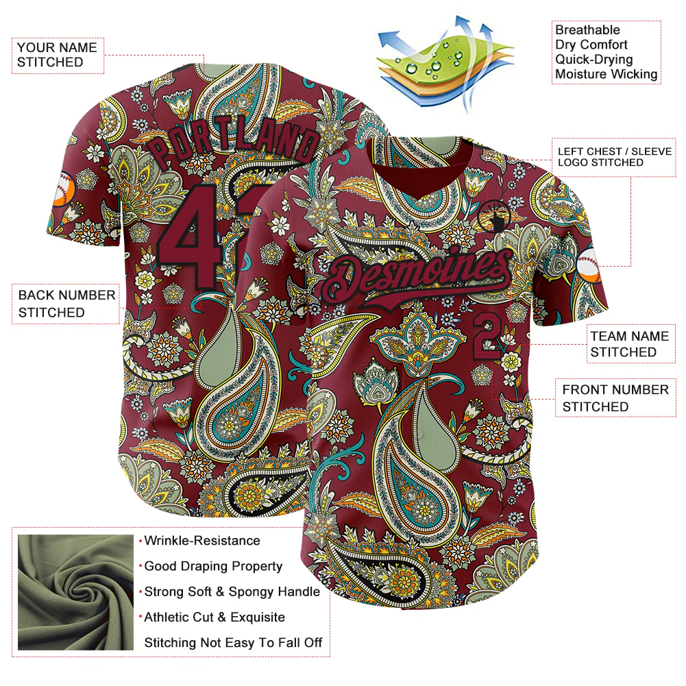 Custom Crimson Black Rave Party Ethnic Paisley Bandana Authentic Baseball Jersey - Image 3