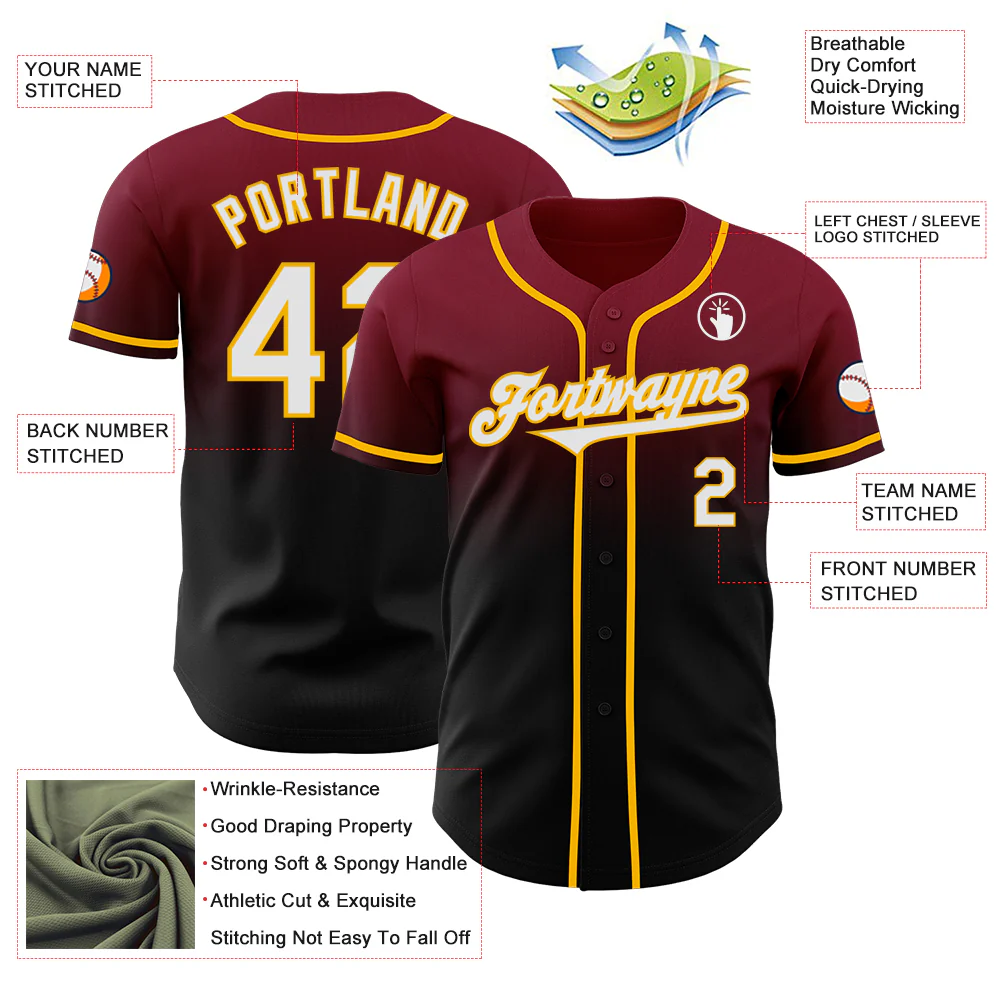 Custom Crimson Black-Gold Authentic Fade Fashion Baseball Jersey - Image 3