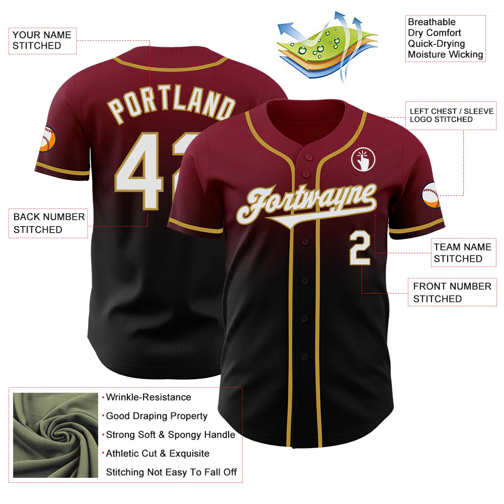 Custom Crimson Black-Old Gold Authentic Fade Fashion Baseball Jersey - Image 3