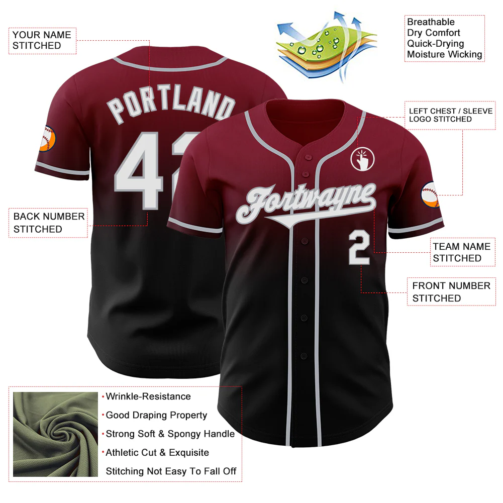 Custom Crimson Black-Gray Authentic Fade Fashion Baseball Jersey - Image 3