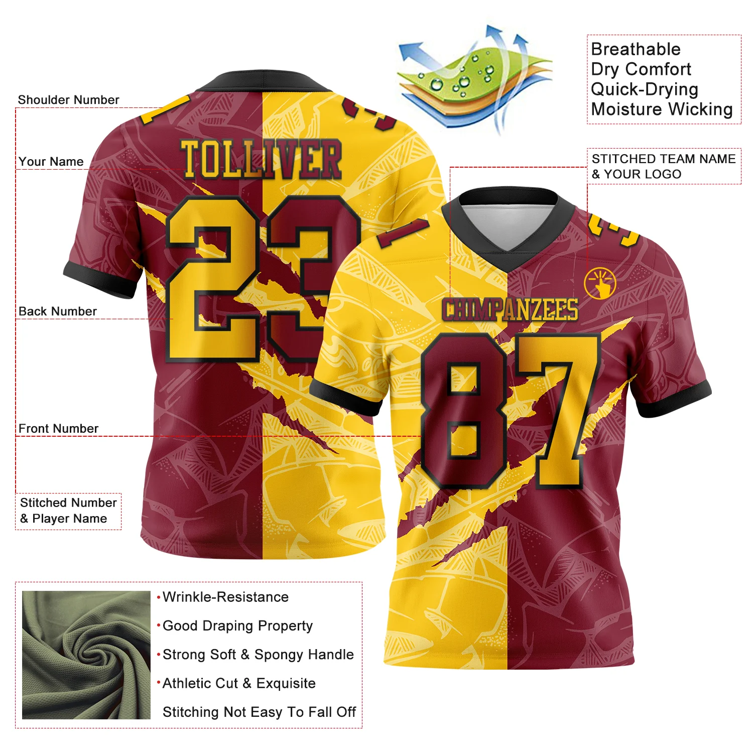 Custom Crimson Yellow-Black Authentic Gradient Fashion Scratch Football Jersey - Image 3