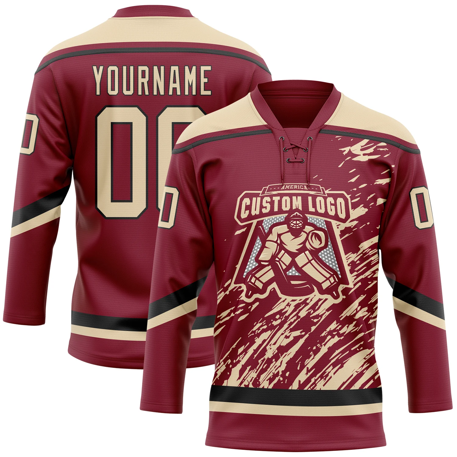 Custom Crimson City Cream-Black 3D Splash Art Hockey Lace Neck Jersey - Image 2