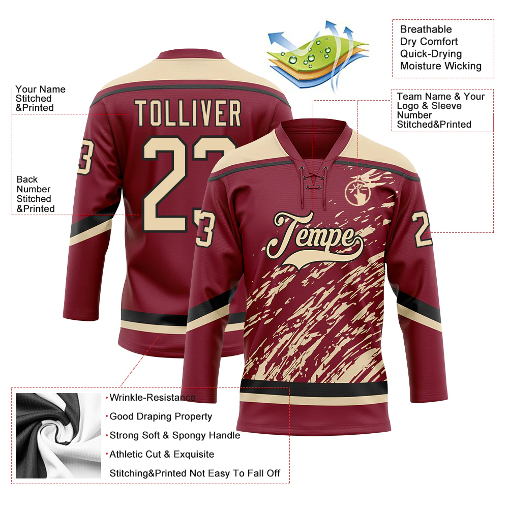 Custom Crimson City Cream-Black 3D Splash Art Hockey Lace Neck Jersey - Image 5