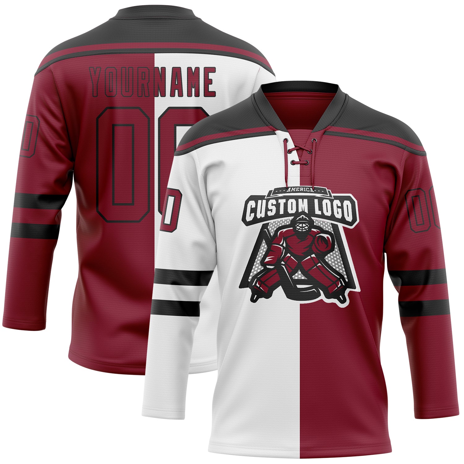 Custom Crimson Black-White Split Fashion Hockey Lace Neck Jersey - Image 2