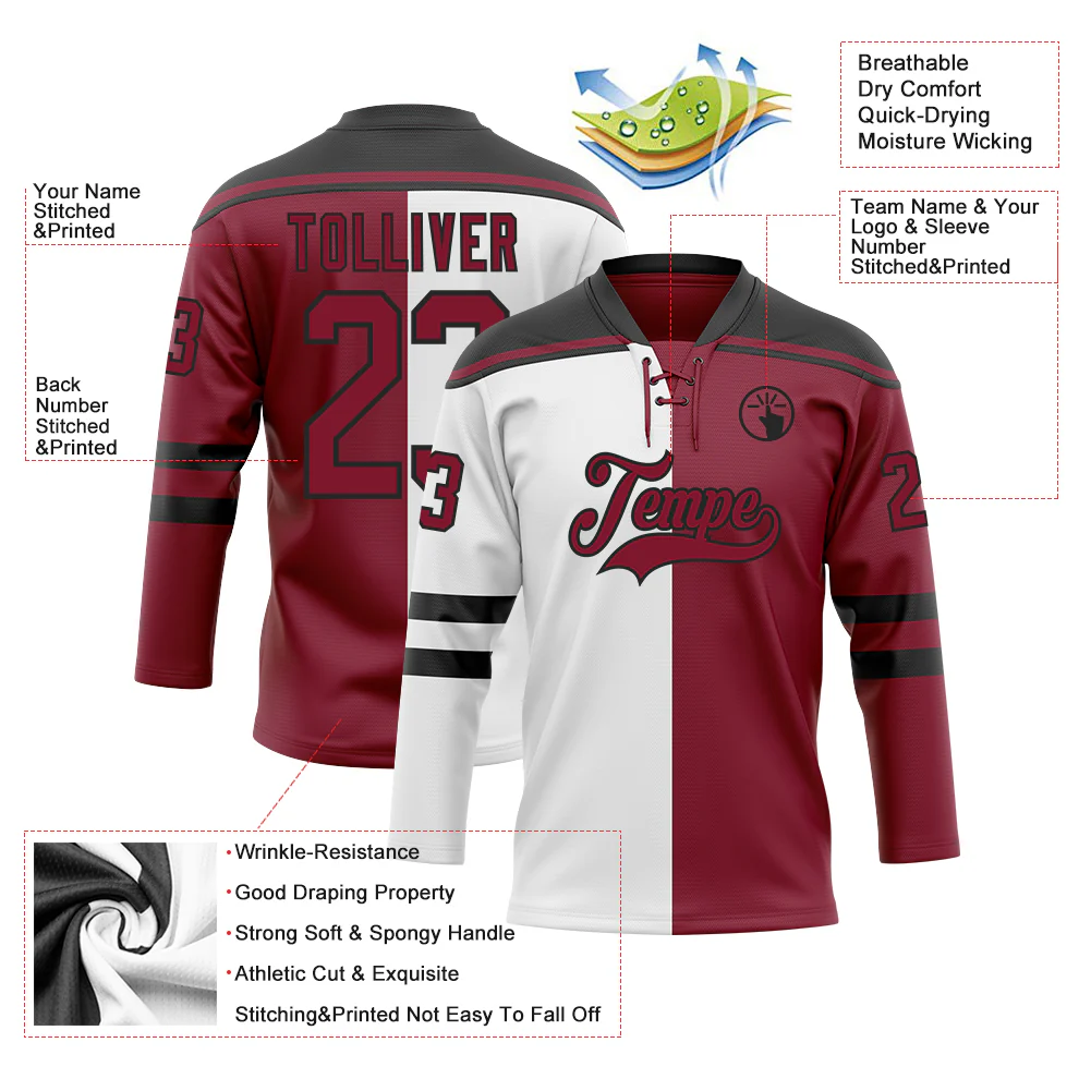 Custom Crimson Black-White Split Fashion Hockey Lace Neck Jersey - Image 5