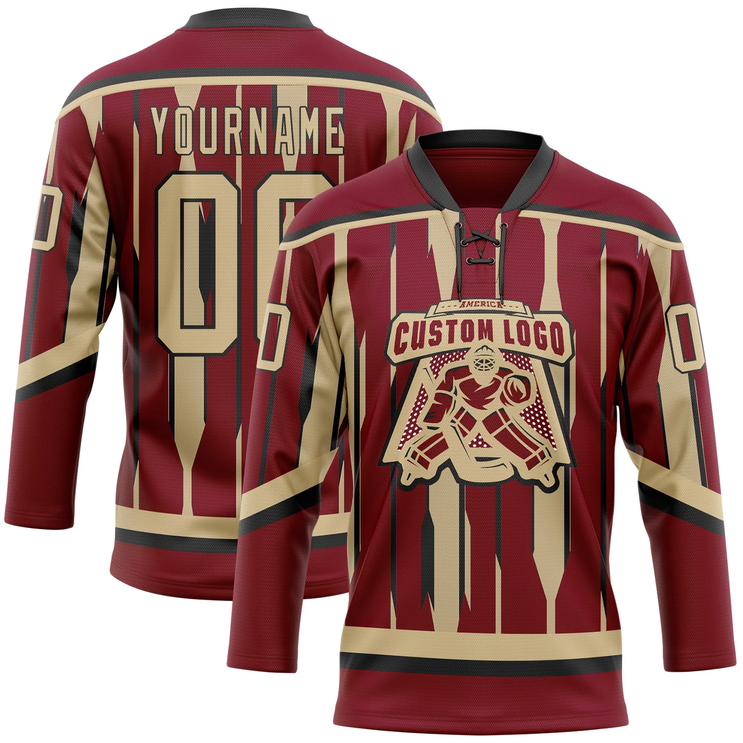 Custom Crimson Vegas Gold-Black Abstract Arizona Inspired Stripe Hockey Lace Neck Jersey - Image 2