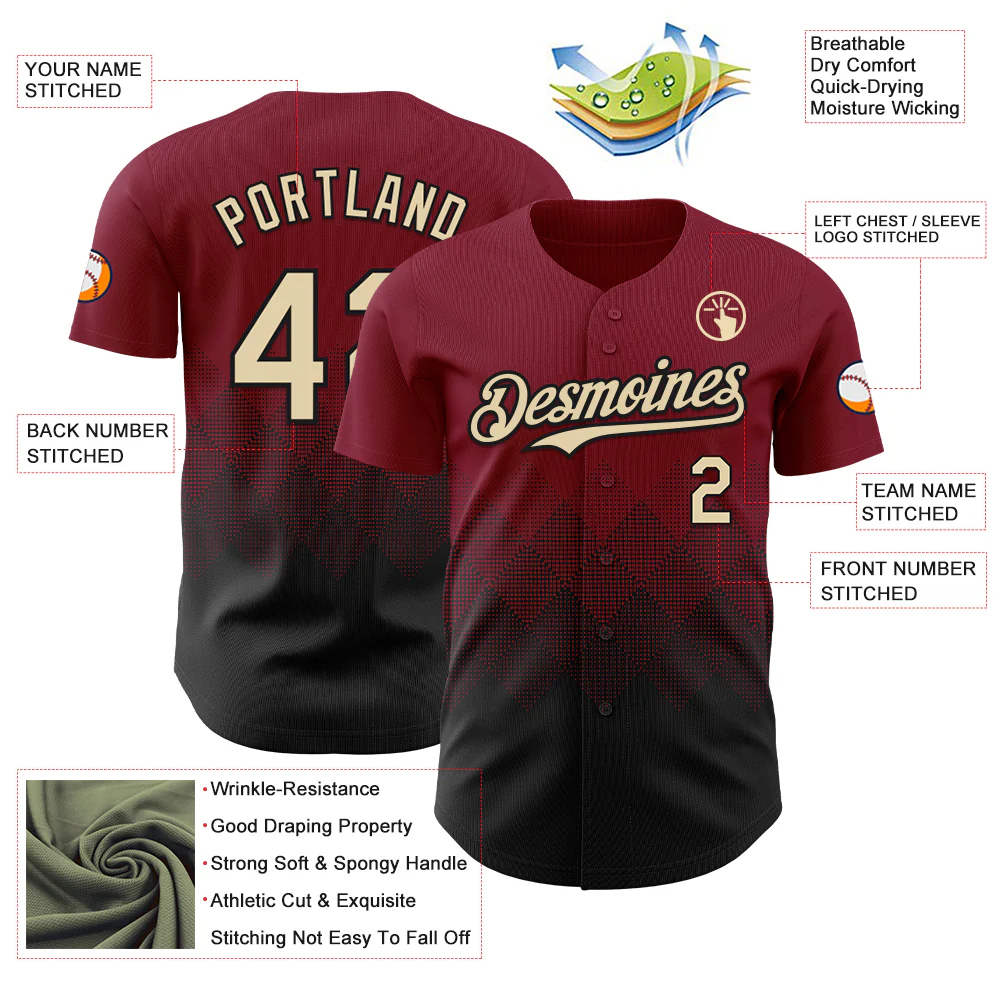 Custom Crimson Cream-Black 3D Gradient Square Shape Authentic Baseball Jersey - Image 3