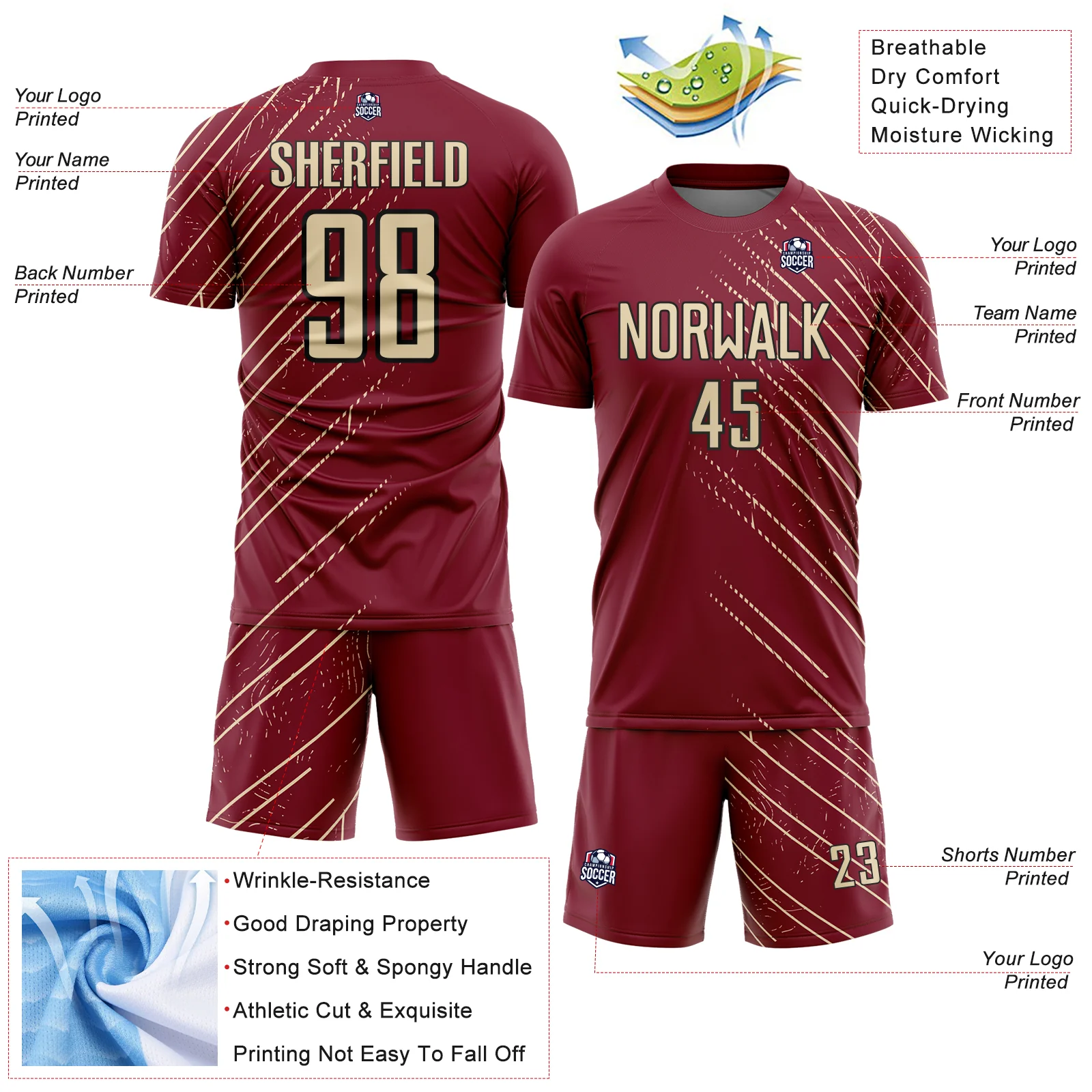 Custom Crimson Cream-Black Lines Sports Sublimation Soccer Uniform Jersey - Image 4