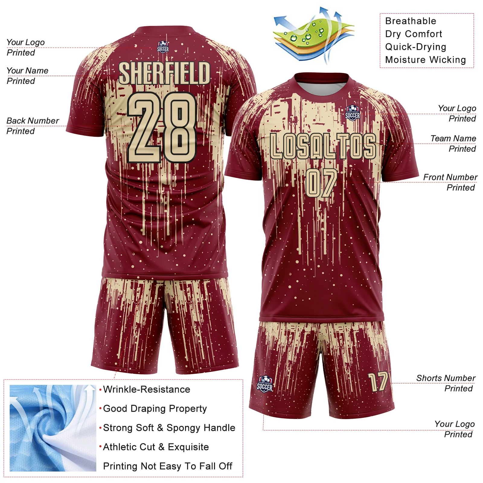 Custom Crimson Cream-Black Dripping Splatte Pattern Sports Sublimation Soccer Uniform Jersey - Image 4
