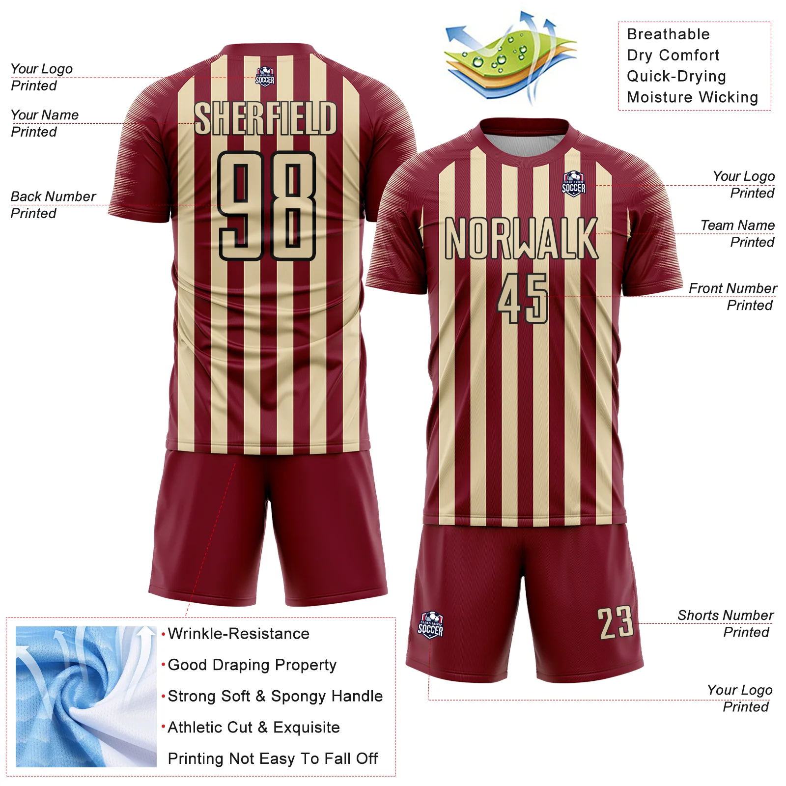Custom Crimson Cream-Black Stripe Sports Sublimation Soccer Uniform Jersey - Image 4