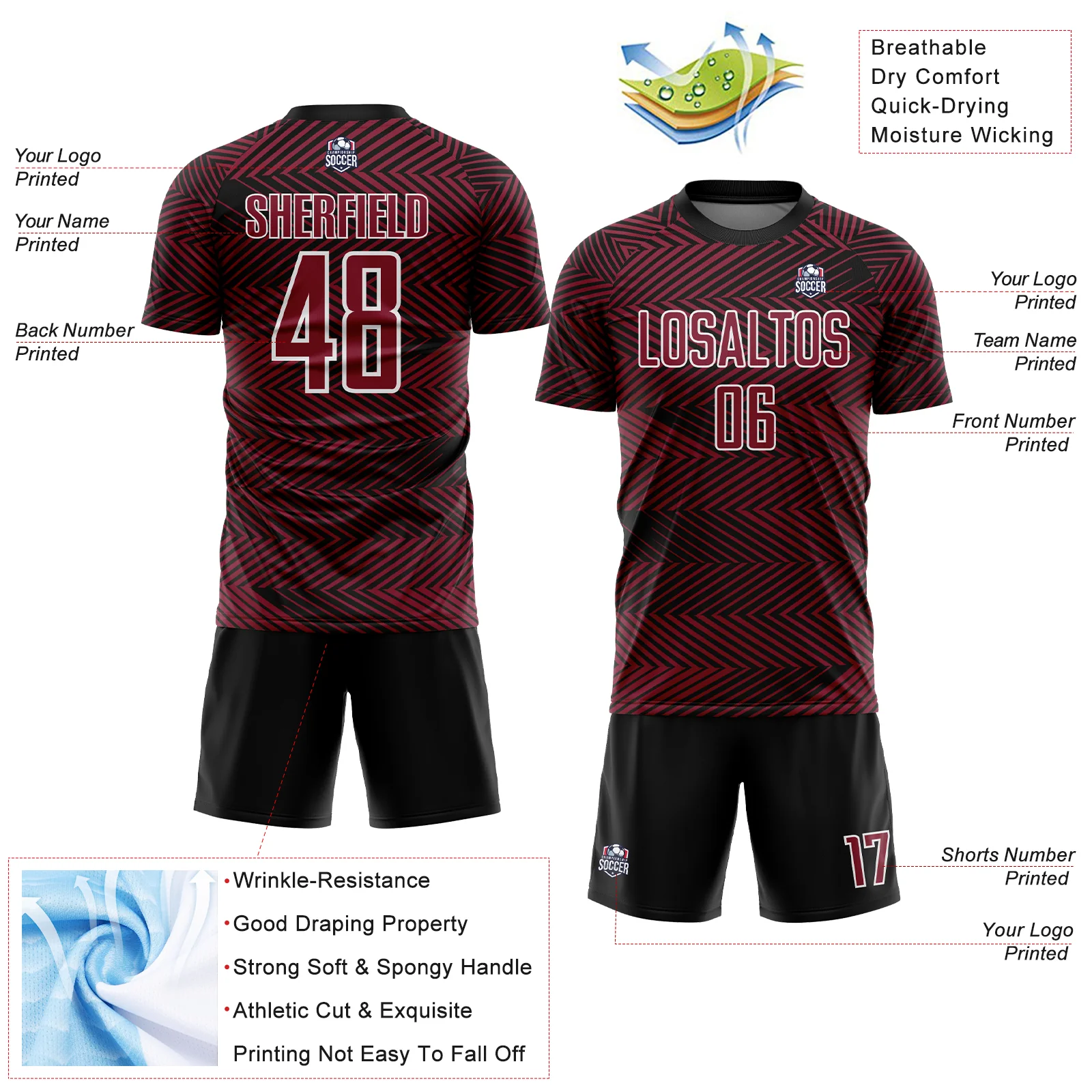 Custom Crimson Black-White Line Sublimation Soccer Uniform Jersey - Image 4