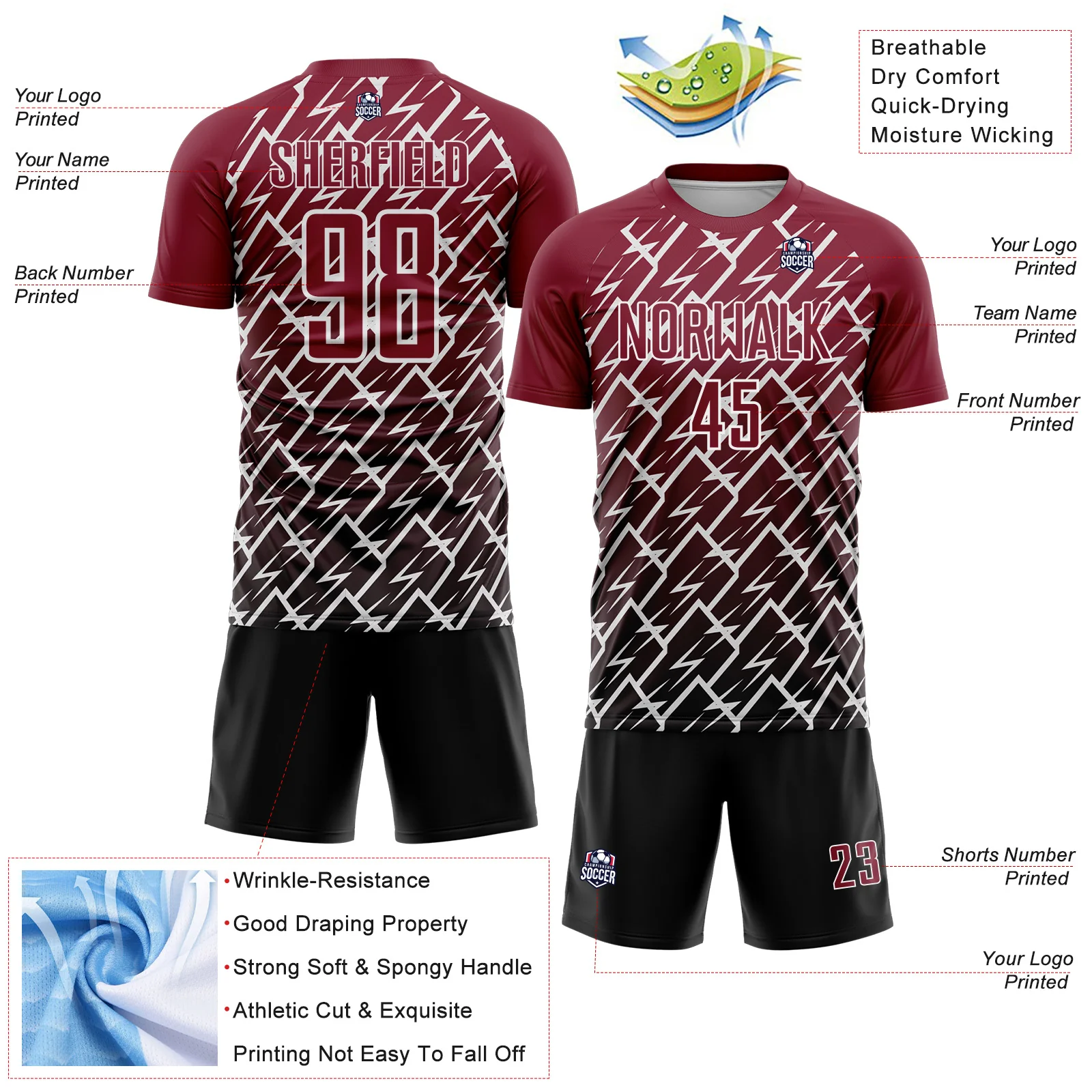 Custom Crimson Black-White Lightning Sports Sublimation Soccer Uniform Jersey - Image 4