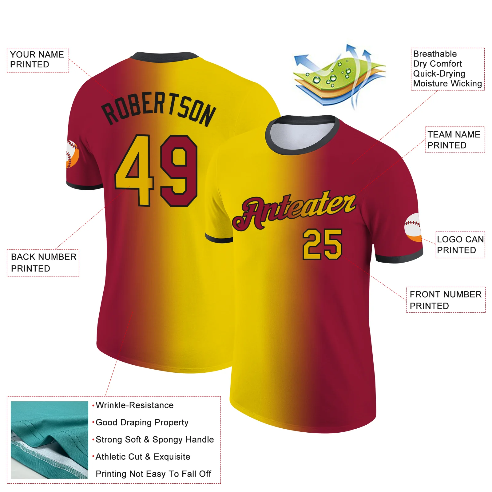 Custom Crimson Yellow-Black Gradient Fashion Performance T-Shirt - Image 2