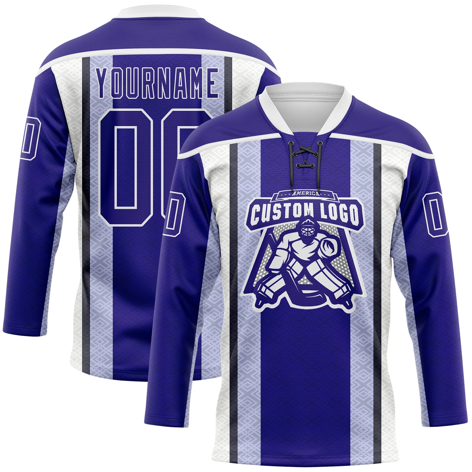 Custom Dark Purple Black-White Stripe Hockey Lace Neck Jersey - Image 2