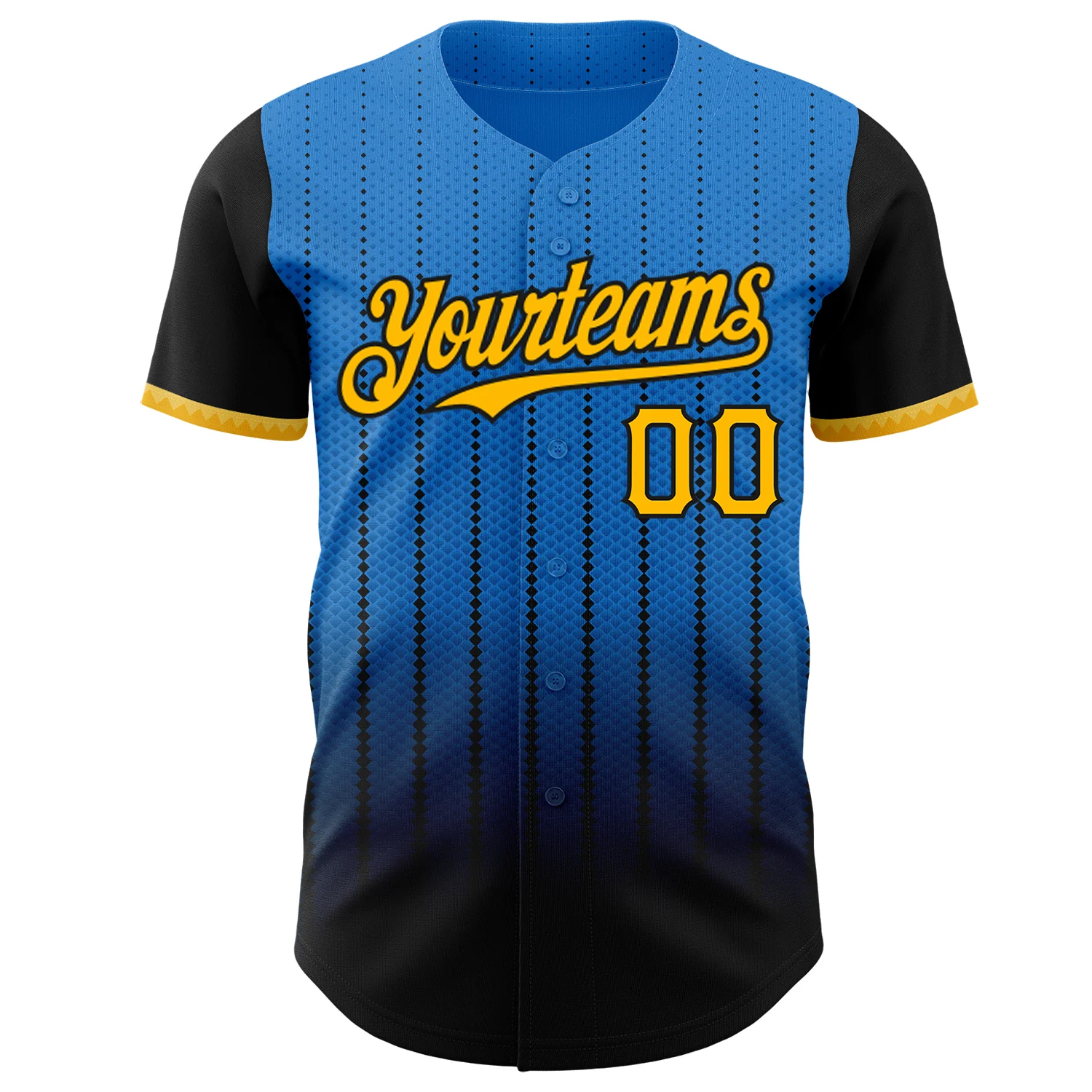 Custom Electric Blue Gold-Black 3D Pattern Design Gradient Geometric Shape Authentic Baseball Jersey - Image 2