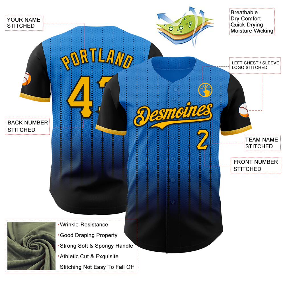 Custom Electric Blue Gold-Black 3D Pattern Design Gradient Geometric Shape Authentic Baseball Jersey - Image 3