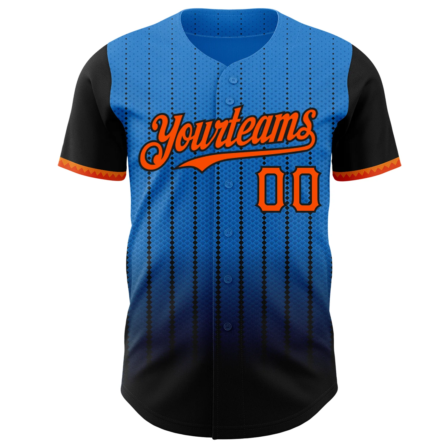 Custom Electric Blue Orange-Black 3D Pattern Design Gradient Geometric Shape Authentic Baseball Jersey - Image 2