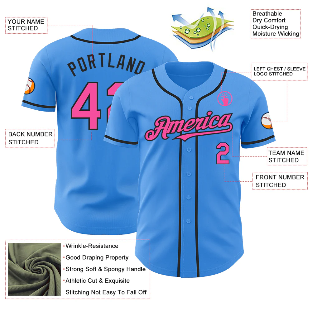 Custom Electric Blue Pink-Black Authentic Baseball Jersey - Image 3