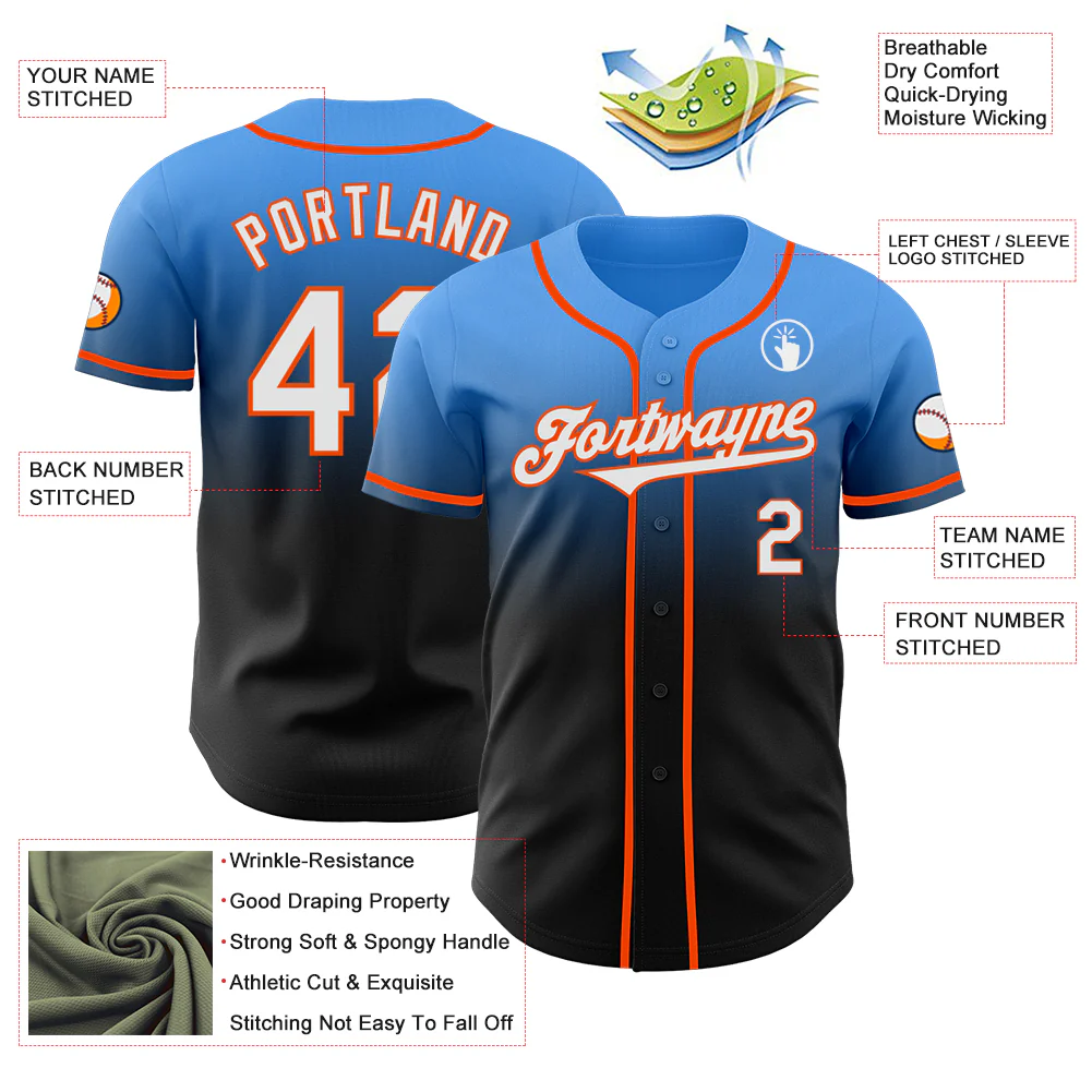 Custom Electric Blue Black-Orange Authentic Fade Fashion Baseball Jersey - Image 3