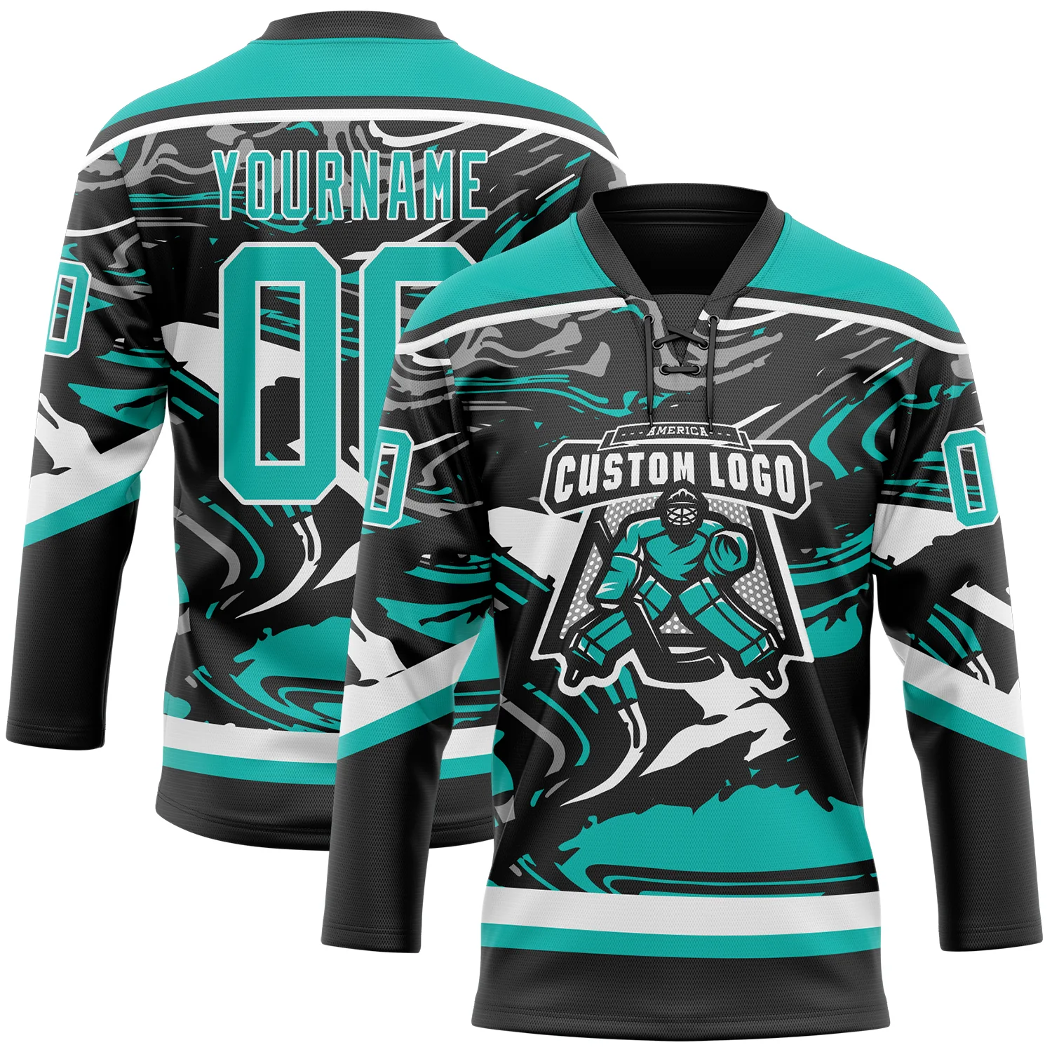 Custom Figure Aqua Black-White 3D Pattern Fluid Art Hockey Lace Neck Jersey - Image 2