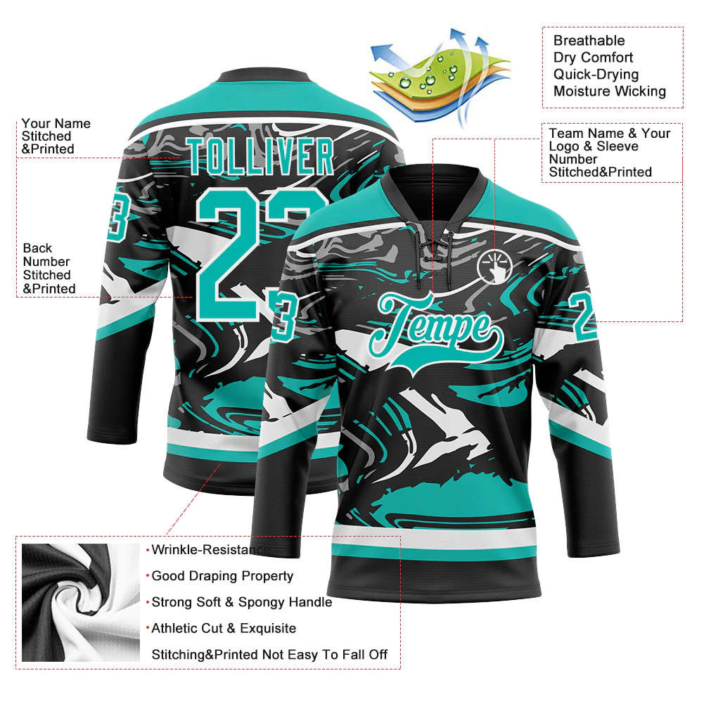 Custom Figure Aqua Black-White 3D Pattern Fluid Art Hockey Lace Neck Jersey - Image 3