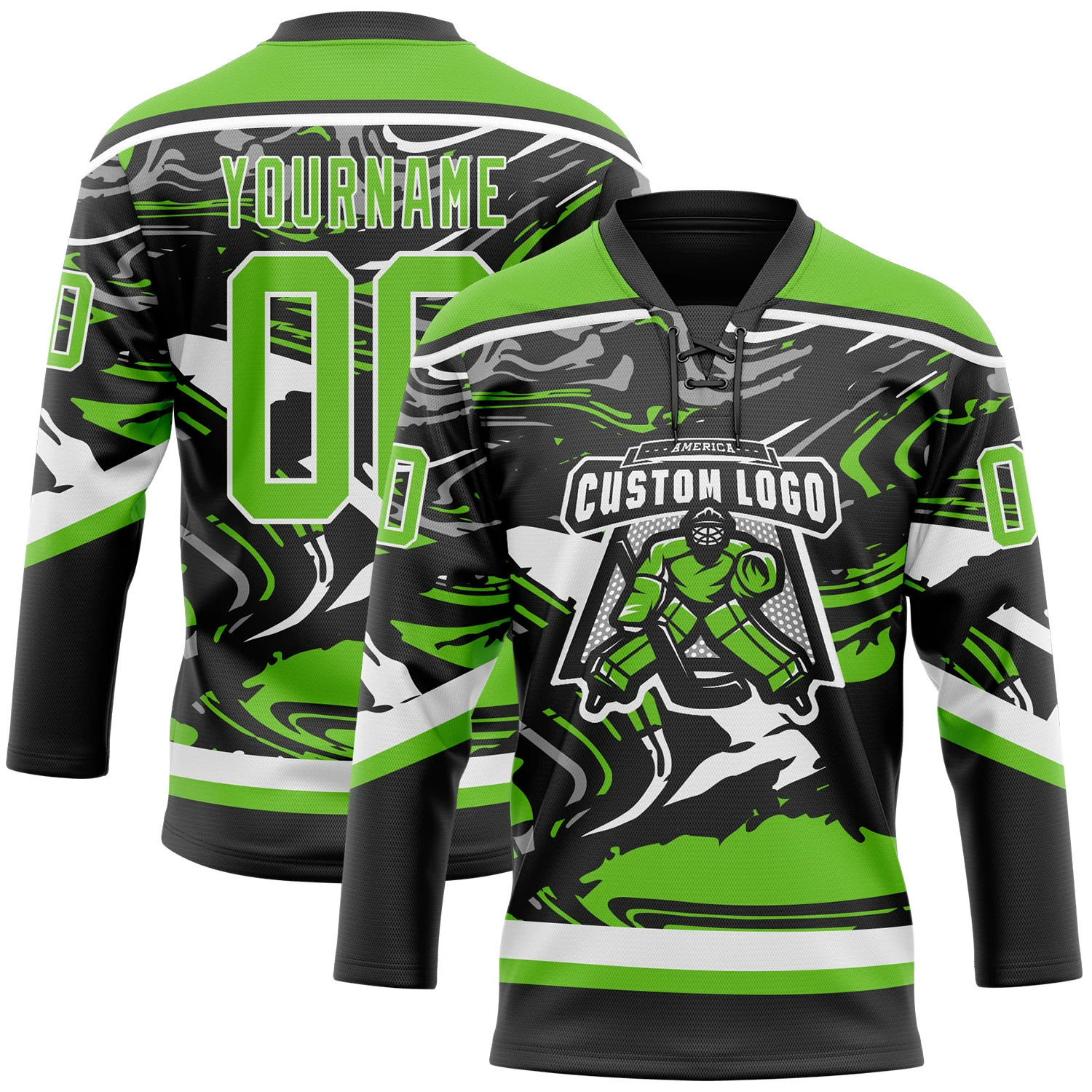 Custom Figure Aurora Green Black-White 3D Pattern Fluid Art Hockey Lace Neck Jersey - Image 2