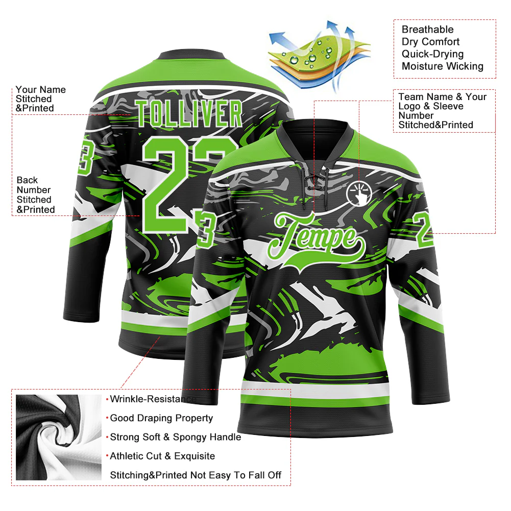 Custom Figure Aurora Green Black-White 3D Pattern Fluid Art Hockey Lace Neck Jersey - Image 3