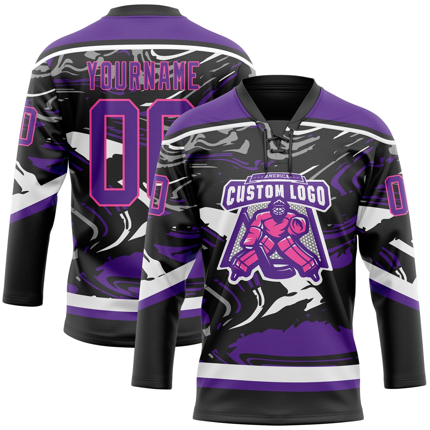 Custom Figure Purple Black Pink-White 3D Pattern Fluid Art Hockey Lace Neck Jersey - Image 2