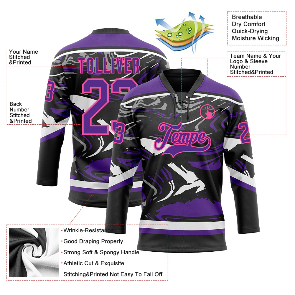 Custom Figure Purple Black Pink-White 3D Pattern Fluid Art Hockey Lace Neck Jersey - Image 3