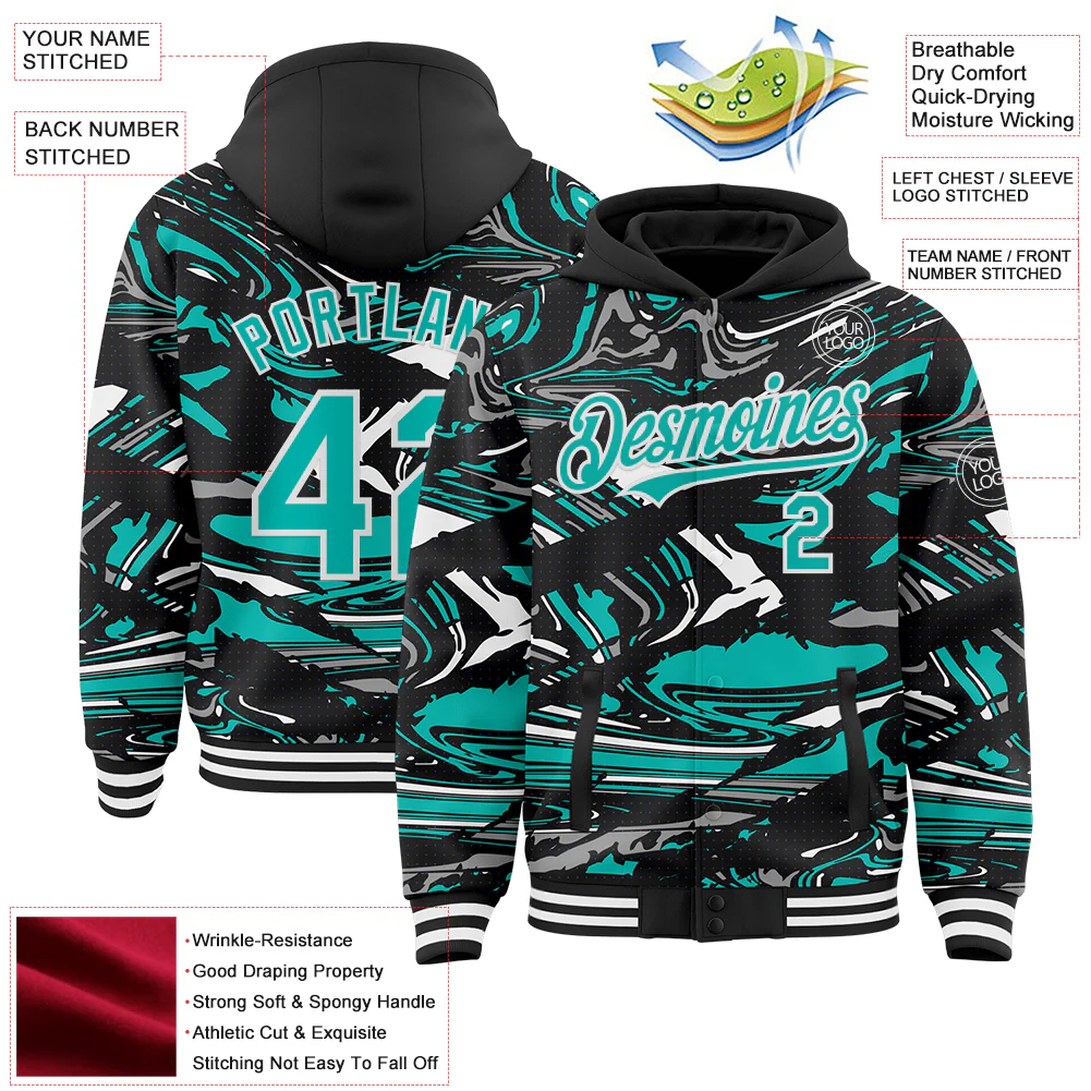 Custom Figure Aqua Black-White Fluid Pattern Bomber Full-Snap Varsity Letterman Hoodie Jacket - Image 4