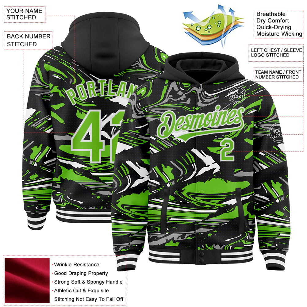 Custom Figure Aurora Green Black-White Fluid Pattern Bomber Full-Snap Varsity Letterman Hoodie Jacket - Image 4