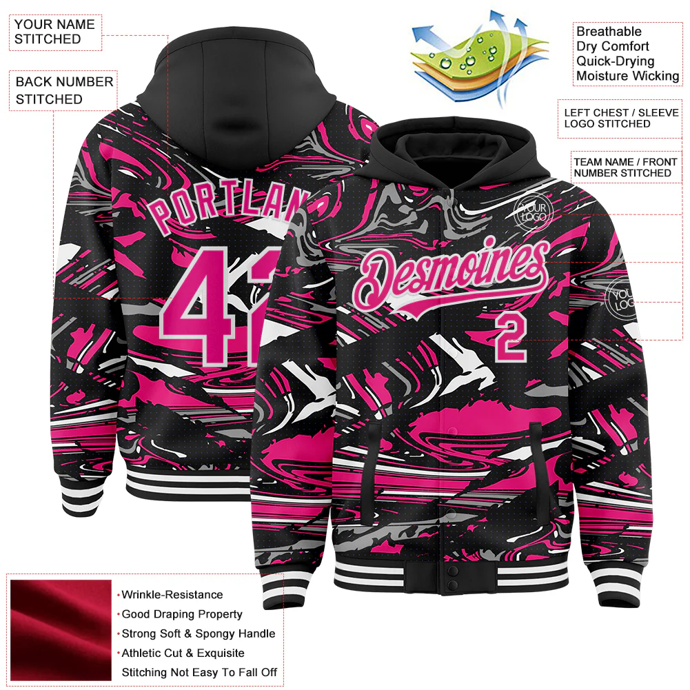 Custom Figure Hot Pink Black-White Fluid Pattern Bomber Full-Snap Varsity Letterman Hoodie Jacket - Image 4