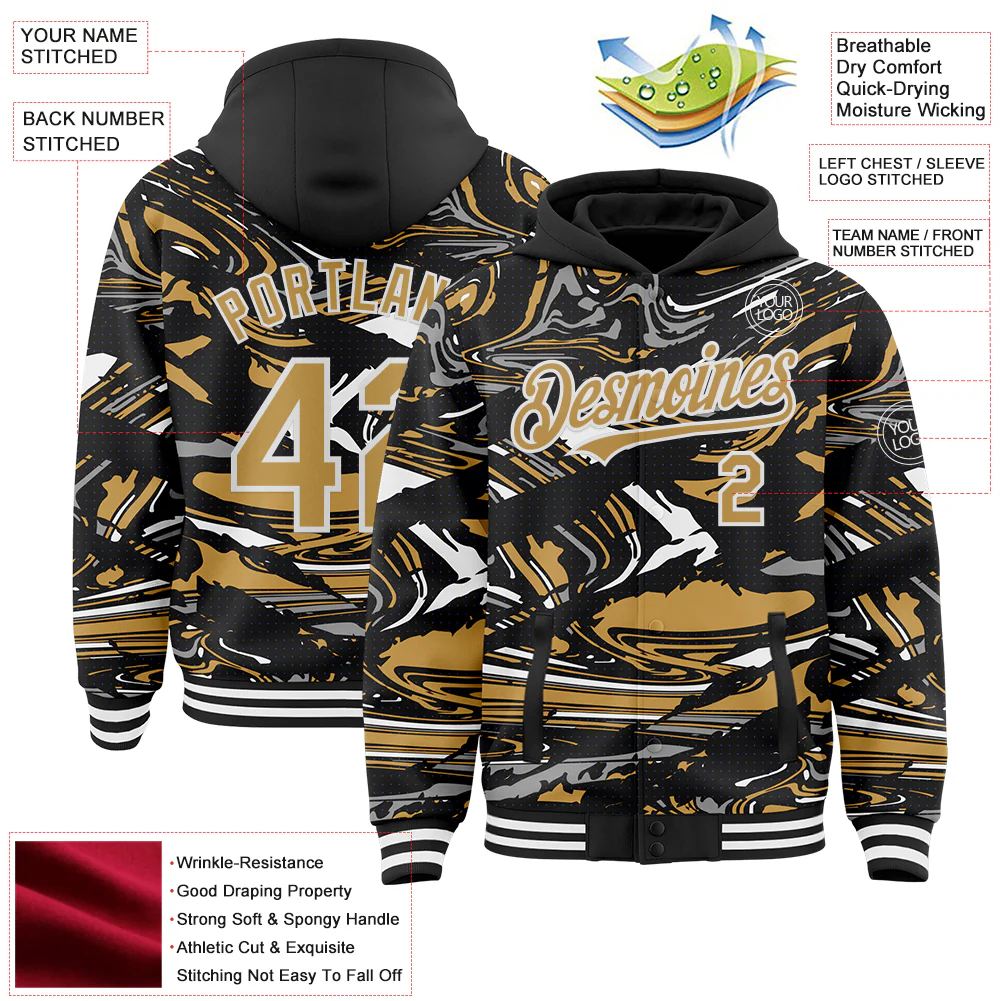 Custom Figure Old Gold Black-White Fluid Pattern Bomber Full-Snap Varsity Letterman Hoodie Jacket - Image 4