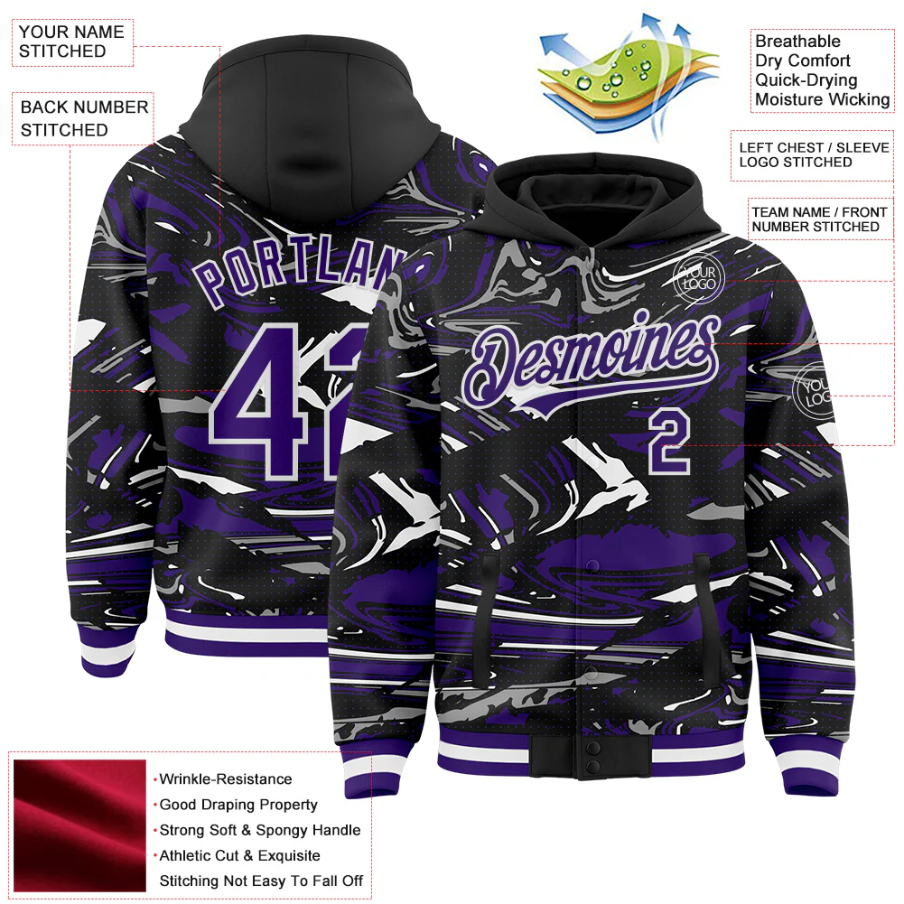 Custom Figure Purple Black-White Fluid Pattern Bomber Full-Snap Varsity Letterman Hoodie Jacket - Image 4